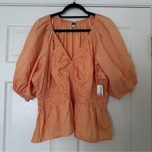 Orange Puff Sleeve Smocked Blouse | Peplum V-Neck Boho Top XL